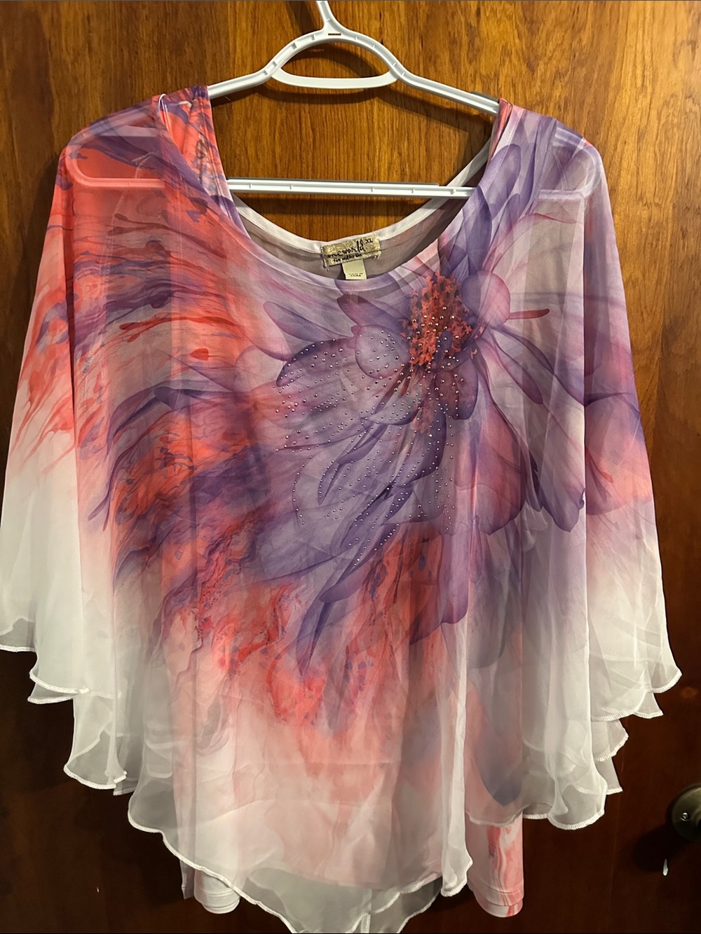 ONE WORLD Purple and Coral Floral Sheer Tunic Top